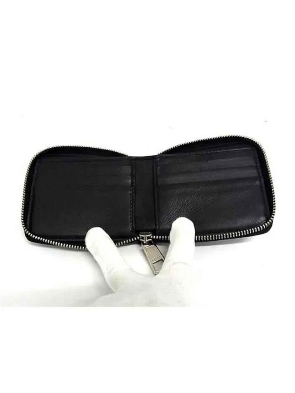 Gucci Bifold Wallet Zip Around Compact Black Leather Billfold Sherry Line
